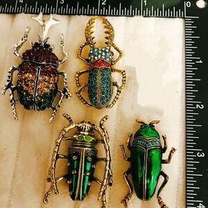 Lot of 4 Beetle Brooches Rhinestone Enamel Insect Bug Pins Vintage Style Jewelry